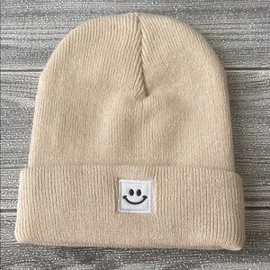 Gray and Cream Knit Beanie with Smiley Patches